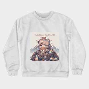 Together, Heal Earth - Sad Chibi Bear and Environmental Message Crewneck Sweatshirt